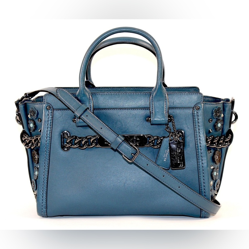 Coach Swagger 27 Blue leather With Willow Floral Detail & gunmetal chains NWOT